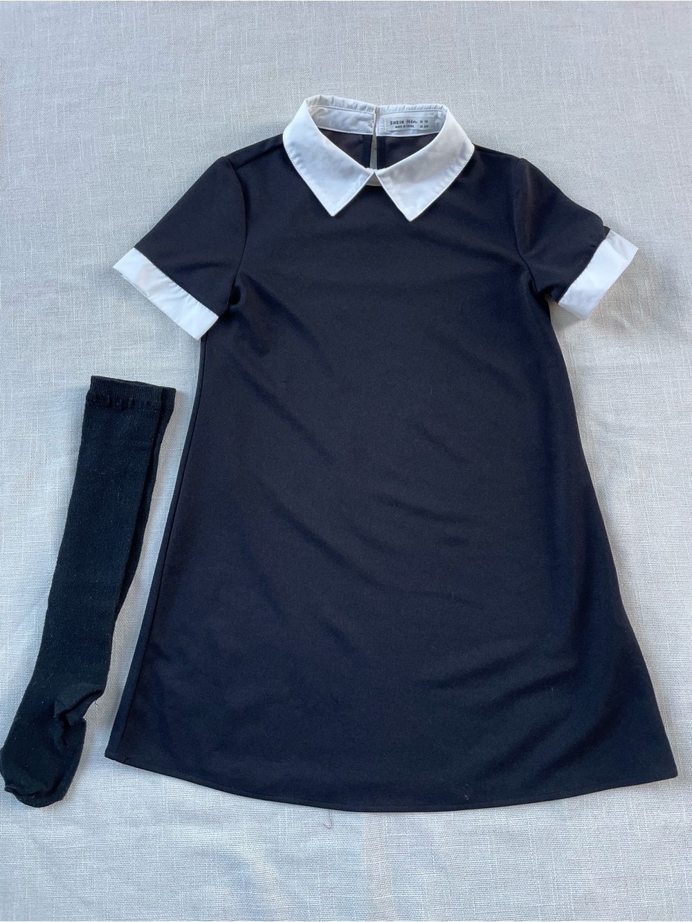SHEIN Wednesday Black Dress with White Collar and Cuffs Knee High Socks